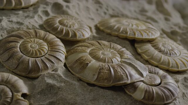Prehistoric ammonite fossils embedded in rock
