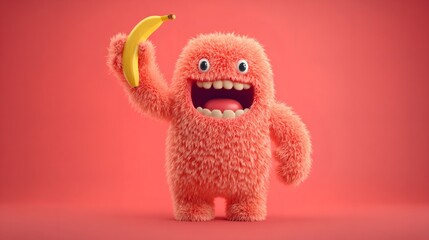 Fototapeta premium Cute fluffy monster character with big happy smile holding a banana. Funny animated creature for children's healthy eating promotion.
