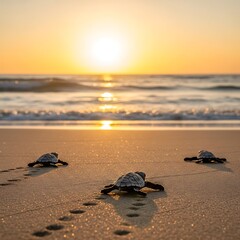 Baby Sea Turtles Journey to the Ocean at Sunrise.