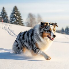 Australian Shepherd dog running happily in the snowy landscape.