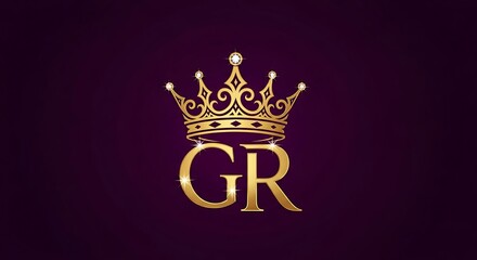 Elegant Golden GR Monogram with Crown on Dark Purple Background.