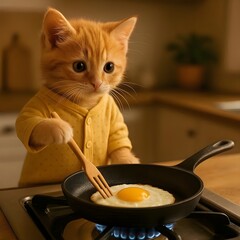 A cute ginger kitten standing upright on a kitchen counter, wearing a small yellow pajama top, cooking an egg in a frying pan on a gas stove.