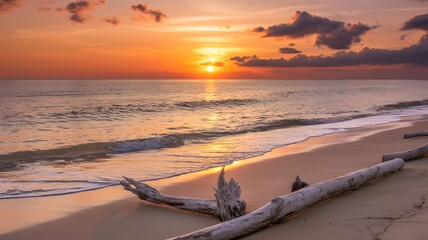 Sunset on the beach with waves and orange sky
