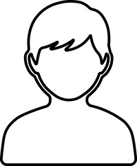 Simple outline icon of a  young person s head and shoulders with short hair representing a user or profile
