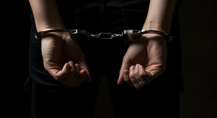 Person in Handcuffs Standing in Dark Environment with Hands Behind Back