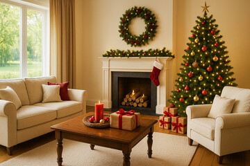 Cozy Christmas living room with tree and fireplace