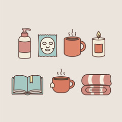 Self Care Beauty Routine Icon Set – Cozy Wellness and Skincare Flat Vector - Pastel Flat Illustration 