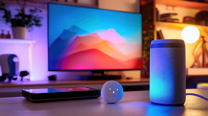Smart home setup devices on table with TV, all lit by ambient colorful lights