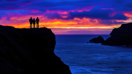 Silhouetted figures on a cliff observe a vibrant, multi-hued sunset over a choppy ocean