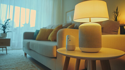 Cozy living room scene with a smart speaker lamp and companion device on a side table