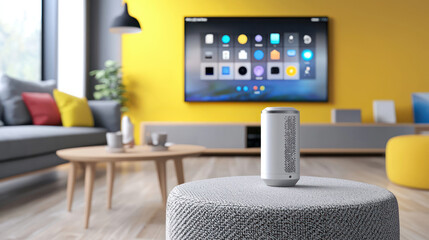 Modern living room scene smart speaker on pouf, large TV, comfy sofa, and colorful accent wall