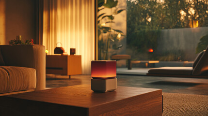Interior scene with a glowing cube on a table, overlooking a modern patio and garden