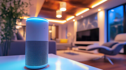 Smart speaker sits on a table in a modern, well-lit living room, home automation concept