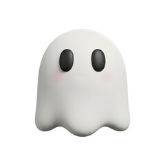 Cute 3D ghost with black eyes and pink cheeks on a white background.
