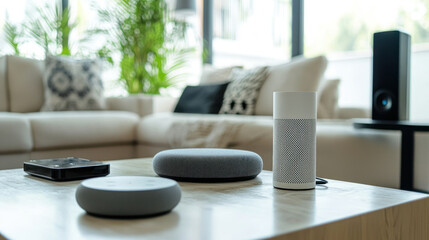 Modern living room featuring smart home devices on a coffee table, couch in background