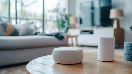Modern living room scene with smart speaker on a coffee table, blurred background