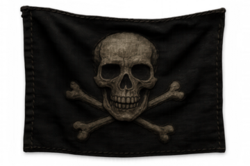 Black pirate flag with skull and crossbones symbol representing danger, rebellion, and freedom on transparent background