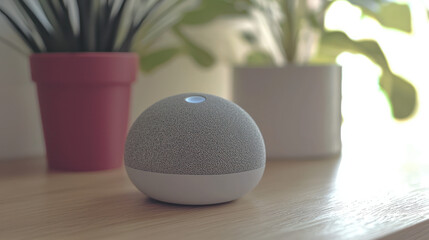 A smart speaker on a wooden surface, with potted plants in the background and soft lighting