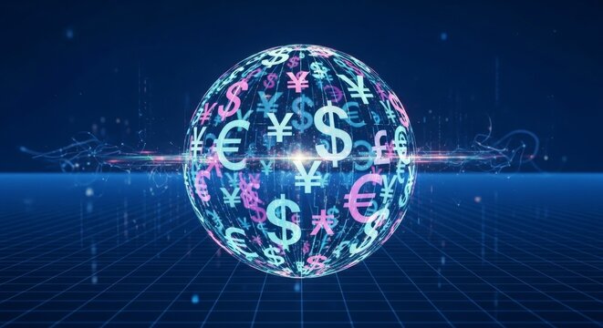 Digital sphere with global currency symbols on a grid background