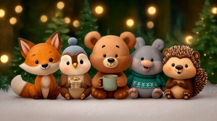 Fototapeta premium Adorable forest animals gather for cozy winter celebration in festive sweaters and hats