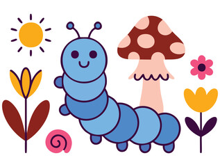 Bohemian style children cute boho stickers set mushroom sun and flower trendy patterns ornaments flat vector collection isolated on beige background perfect for social media designs