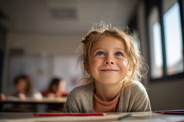 Caucasian young girl in classroom looking up with smile and pencils on desk