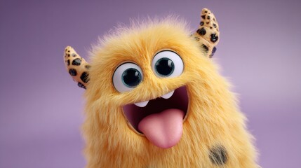 Fototapeta premium Cute yellow fluffy monster with big eyes and tongue sticking out on a purple background. Funny cartoon alien creature for child entertainment.