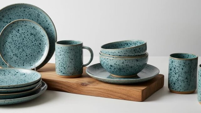 Modern stoneware dinnerware set in motion, capturing the essence of a stylish kitchenware collection, ideal for branding and promotional product videos
