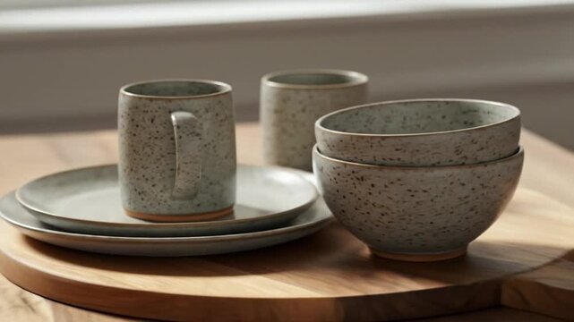 Handcrafted speckled stoneware dinnerware set arranged on wooden surface for elegant dining, creating a cozy, inviting atmosphere and stylish table setting