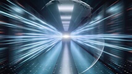 Fiber optic communication passing through virtual space, digital globe and server room - Powered by Adobe