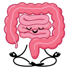 Happy healthy intestine character meditation yoga relax gut health organ sitting lotus calm mindfulness vector illustration wellbeing and relaxation concept