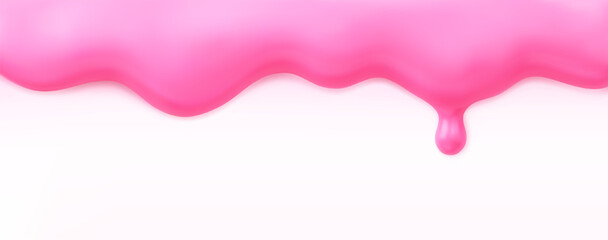 3D pink melting ice cream border isolated on white background. Render of realistic liquid texture strawberry topping, dripping glaze, yogurt, slime, nail polish, or cake icing for poster. 3D vector