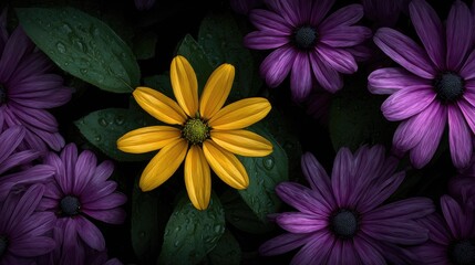 Yellow flower in focus among purple blooms in dark natural setting