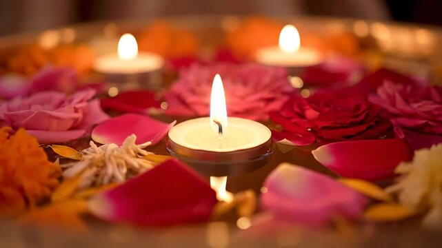 Close up of candles surrounded by colorful flowers in water for Indian wedding, celebratory, festive season, background element, greeting, invitation, decoration