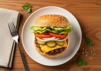 Classic Cheeseburger with Lettuce, Tomato, Onion, Pickles on Sesame Bun
