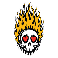 Romantic skull funny cartoon with hearts and flames vector illustration perfect for gothic halloween love or fiery fantasy creative artwork concept