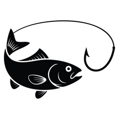 Vector illustration fishing glyph icon silhouette of fish with hook negative space design isolated raster concept for outdoor fishing symbol artwork