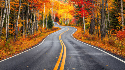 Naklejka premium Winding asphalt road through vibrant autumn forest, flanked by trees with colorful foliage