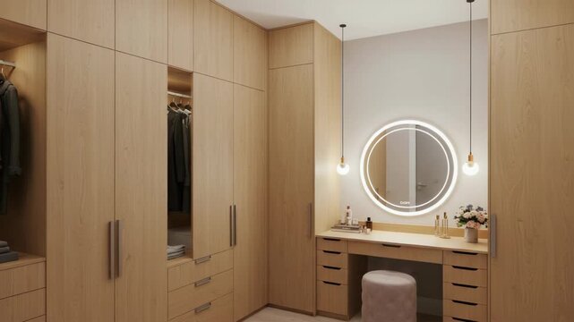 Modern Walk In Closet With Light Wood Vanity and LED Mirror
