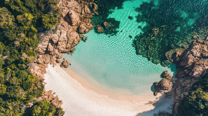 Aerial view of a secluded, turquoise cove framed by rocky formations and lush green trees