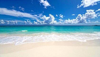 Obraz premium Tropical Beach Paradise White Sand, Turquoise Sea, and Blue Sky with Puffy Clouds