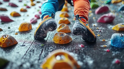 Close up of climbers feet on colorful climbing wall holds.
