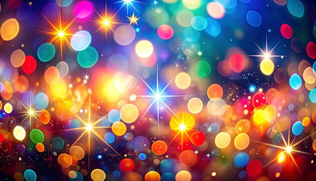A vibrant kaleidoscope of shimmering bokeh lights creating a festive and abstract colorful party background with sparkling stars
