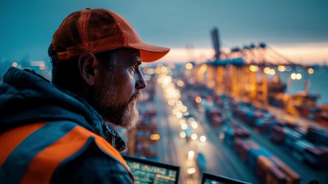 Close medium shot of a logistics expert checking electronic customs declarations contrasted by a softfocus view of a freight terminal in the back.