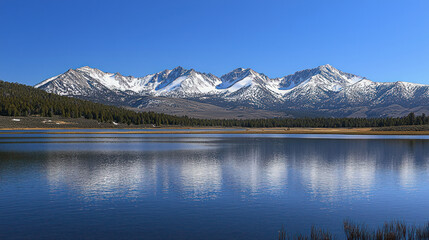Stunning lake reflects snowy mountains under a vibrant blue sky on a bright sunny day