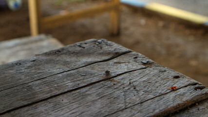The fly that landed on the old wooden table with a blurred background.