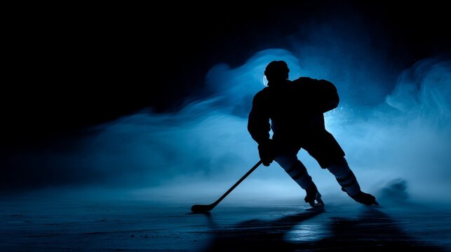 Silhouette of male hockey player skating on ice with dramatic backlight in blue haze