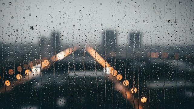 Cityscape view through a rainy window at night with blurred bridge lights and buildings in the background footage.