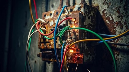 Electrical sparks fly from damaged wiring in industrial setting.