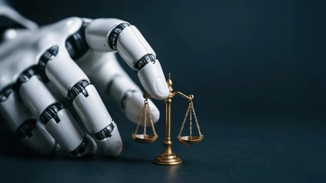 Robotic hand robot finger balance scale justice law technology ethics legal harmony visual metaphors ethical messaging